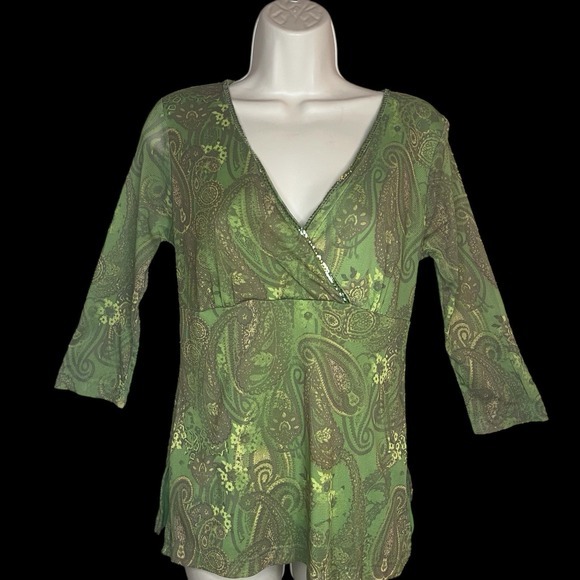 Vintage Y2K Faded Glory Green Babydoll Paisley Sequin Top Womens 8/10 Fairy Boho - Picture 1 of 6